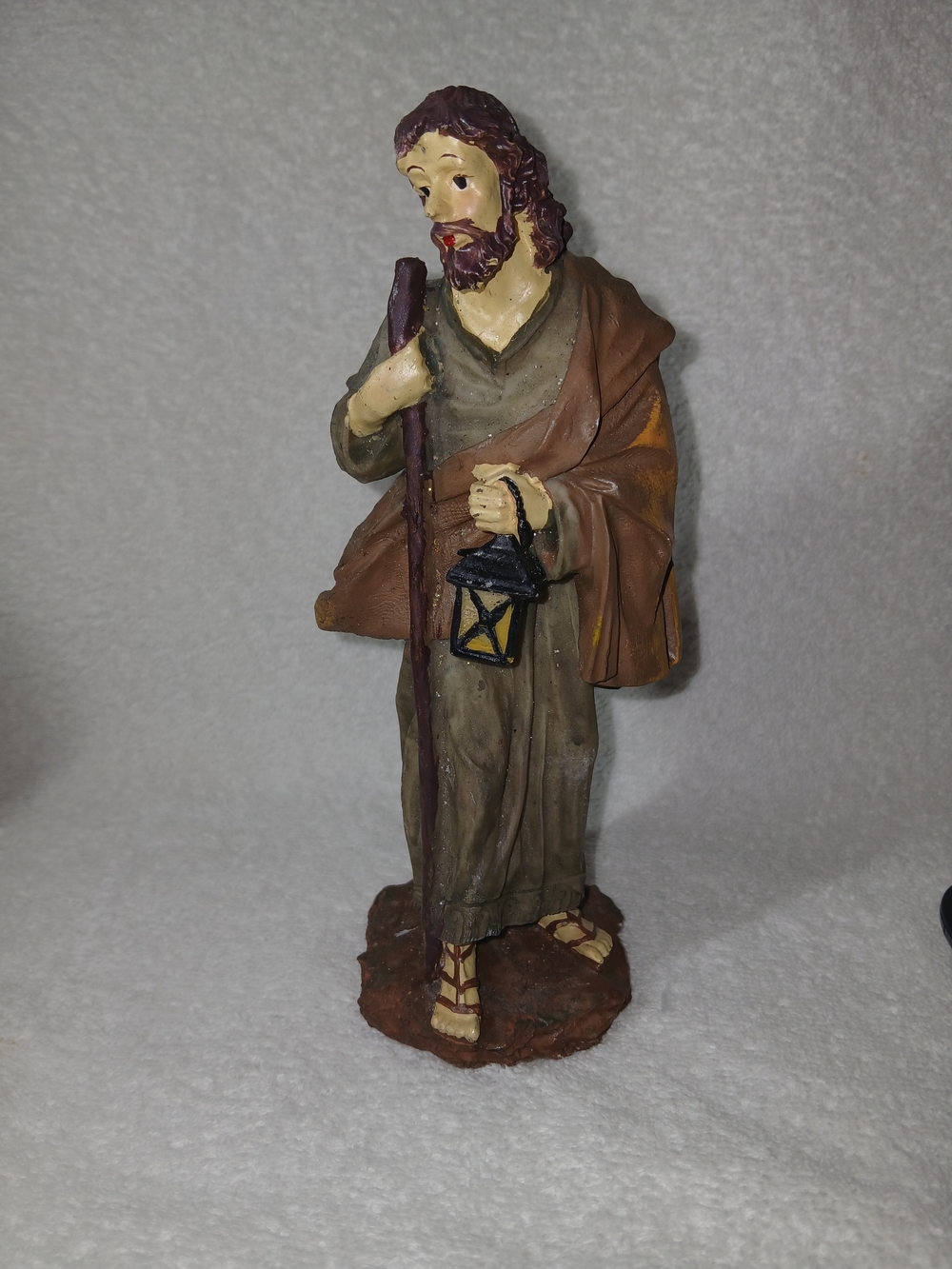 Hand-Painted Brown & Olive Saint Joseph Holding a lantern Decorative Home Art.